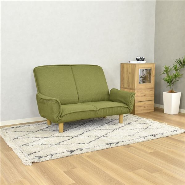 カウチソファ 幅130〜174cm カウチソファー 7段階リクライニング 肘付き 肘14段階ギア コンパクト ファブリック グリーン GN 組立品