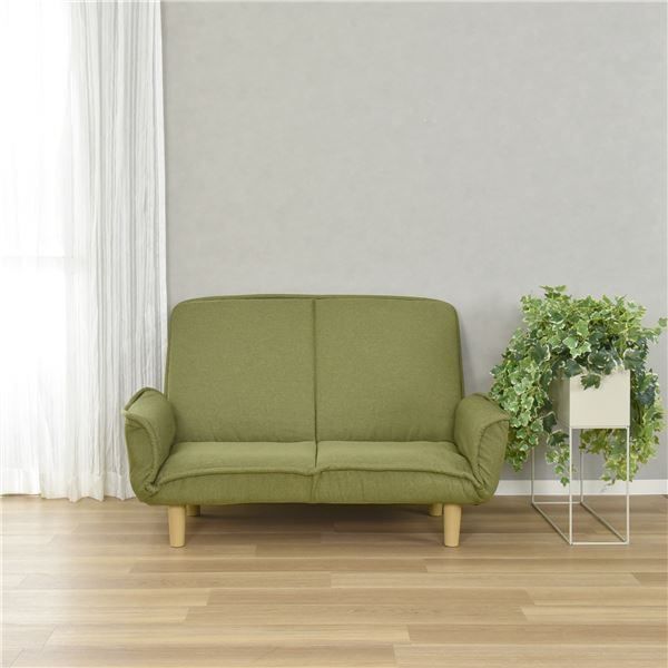 カウチソファ 幅130〜174cm カウチソファー 7段階リクライニング 肘付き 肘14段階ギア コンパクト ファブリック グリーン GN 組立品