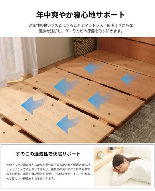 すのこベッド ダブル ナチュラル ロールポケットコイルマットレス付き 宮付き 高さ調節可 継ぎ脚 頑丈 スノコ 寝具 組立品代引不可