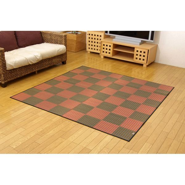 日本製 い草 花ござ/ラグマット 三重織 レッド 江戸間2畳 約174×174cm 抗菌 防臭 調湿 耐久性抜群 〔リビング〕代引NG