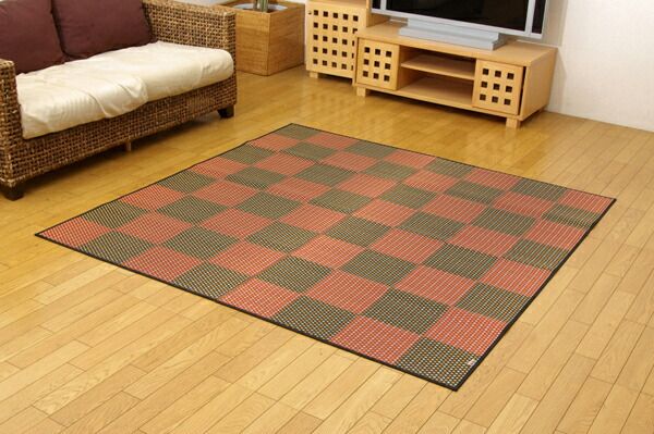 日本製 い草 花ござ/ラグマット 三重織 レッド 江戸間3畳 約174×261cm 抗菌 防臭 調湿 耐久性抜群 〔リビング〕代引NG