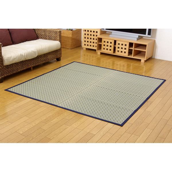 掛川織 い草 ラグマット/絨毯 ブルー 江戸間2畳 約174×174cm 抗菌 防臭 調湿効果 消臭 クッション性 〔リビング〕代引NG