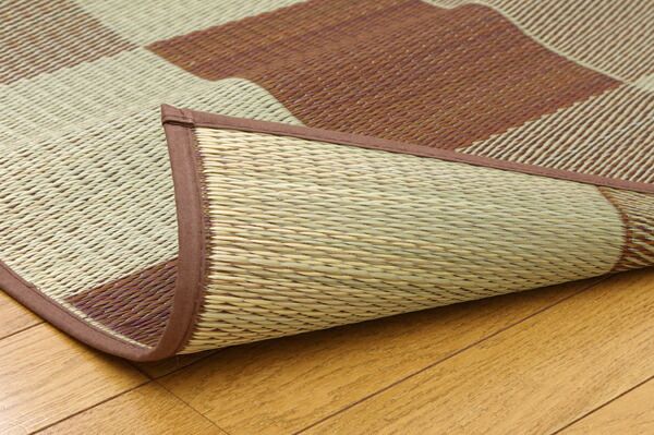 日本製 い草 ラグマット/絨毯 ブロック柄 グリーン 約191×191cm 調湿 抗菌 防臭 耐久性抜群 〔リビング〕代引NG