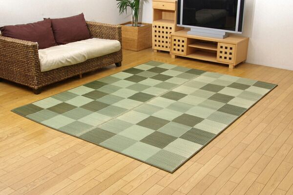 日本製 い草 ラグマット/絨毯 ブロック柄 グリーン 約191×191cm 調湿 抗菌 防臭 耐久性抜群 〔リビング〕代引NG