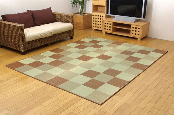 日本製 い草 ラグマット/絨毯 ブロック柄 グリーン 約191×250cm 裏：ウレタン 調湿 抗菌 防臭 耐久性抜群 〔リビング〕代引NG