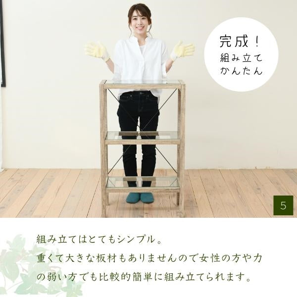 ボタニカル 花台 鉢置き台 ラック 3段 フラワースタンド 古材 ガラス シャビ― 観葉植物 インテリア 幅60 奥行30 高さ100 オープンシェルフ 木製 飾り棚