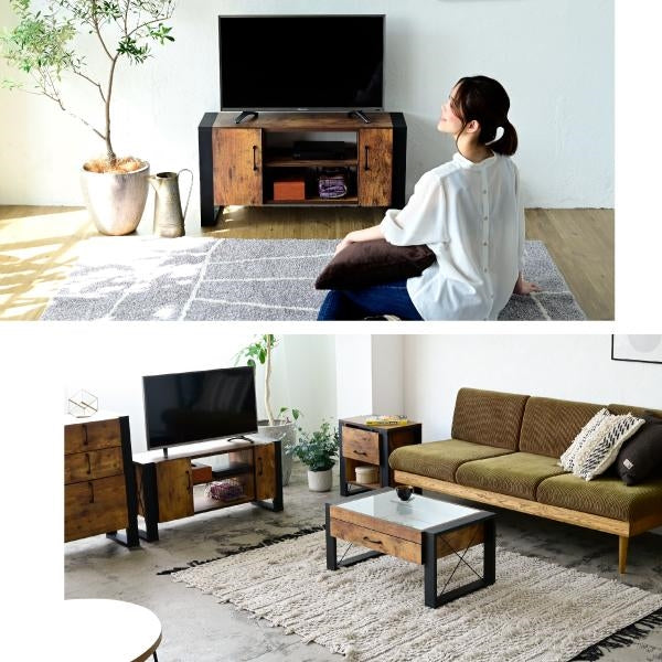 テレビ台 32型 対応 ヴィンテージ 風 幅 90cm ブルックリン インダストリアル アイアン レコーダー収納 木製 脚付き 扉付き 棚付き ひとり暮らし コンパクト