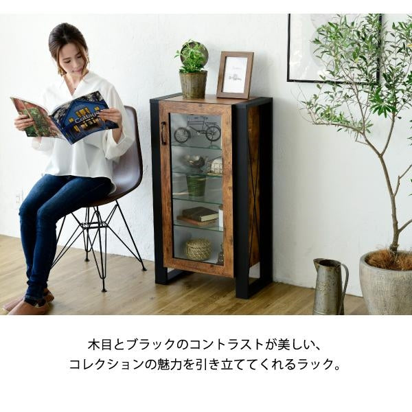 コレクションラック 棚 高さ 90cm 可動棚 飾り棚 ディスプレイ 扉付き ガラス 扉 ガラス棚 アンティーク風 インダストリアル フィギュア 強化ガラス 透明 収納