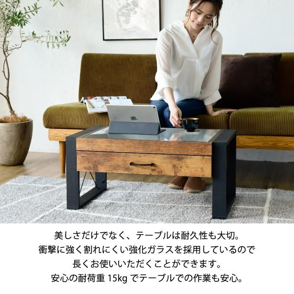ローテーブル 収納 センターテーブル ガラス リビングテーブル ブルックリン 長方形 引き出し 収納付き 強化ガラス 一人暮らし テレワーク 在宅 コンパクト