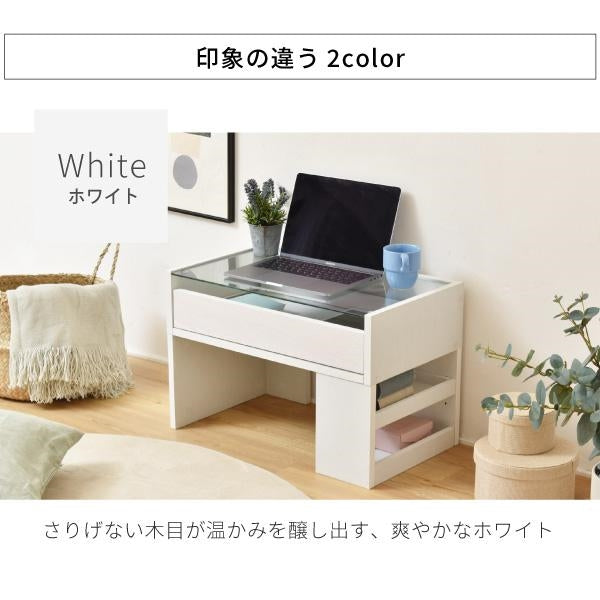 ガラスデスク 幅60 奥行35.5 高さ39.5 ガラス天板 ガラステーブル 引き出し ロータイプ ローデスク ローテーブル ドレッサー 兼 デスク 本棚付き