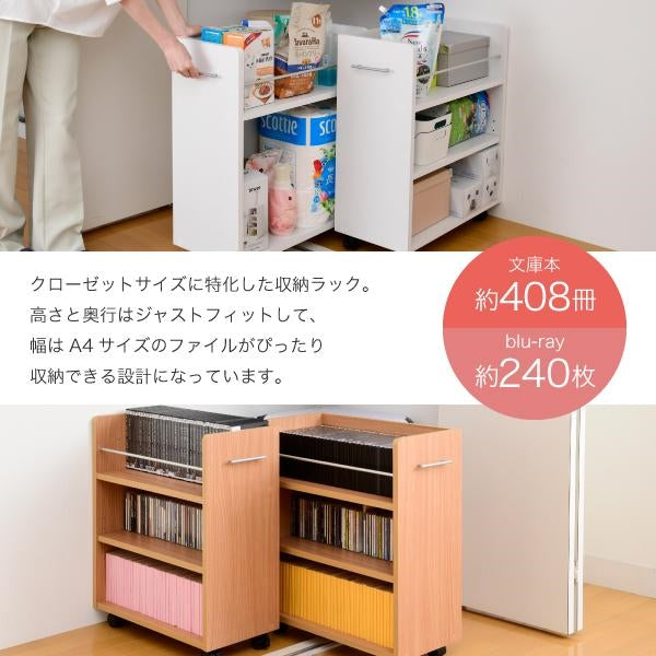 クローゼット ラック 収納 2個セット A4ファイル 幅26.5 奥行58 .5 キャスター付き ワイド ワゴン 大容量 日用品 生活用品 隙間 収納 棚 本棚 コミック スライド